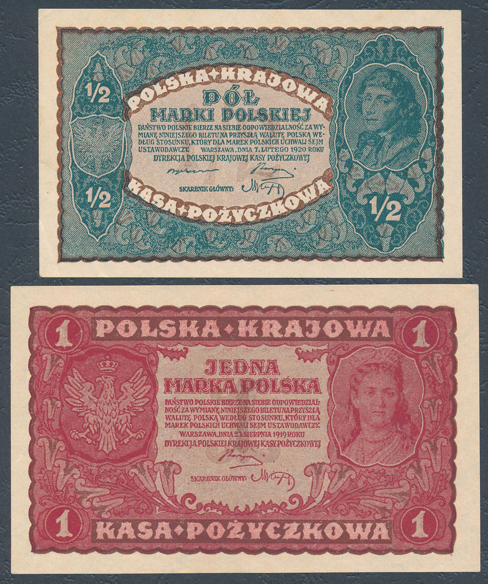 1/2 marki polskiej 1920, 1 marka polska 1919, zestaw 2 banknotów